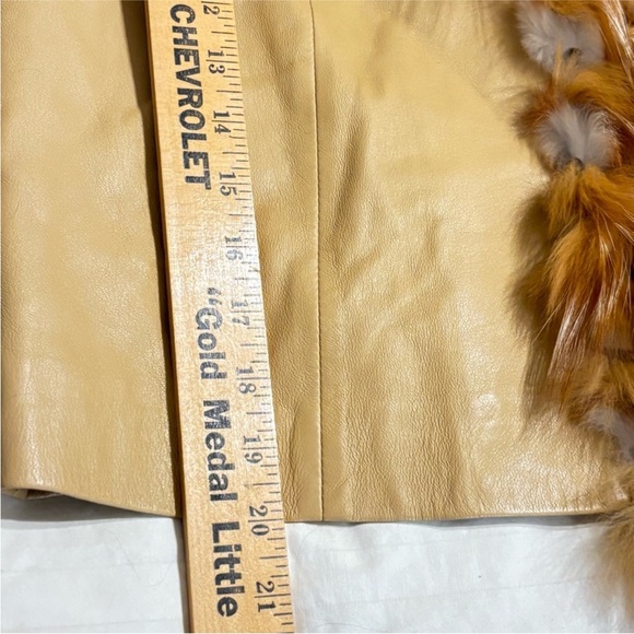 Cache Vintage Leather Jacket Rabbit Fur Trim Tan Cream Size Large - Picture 12 of 12